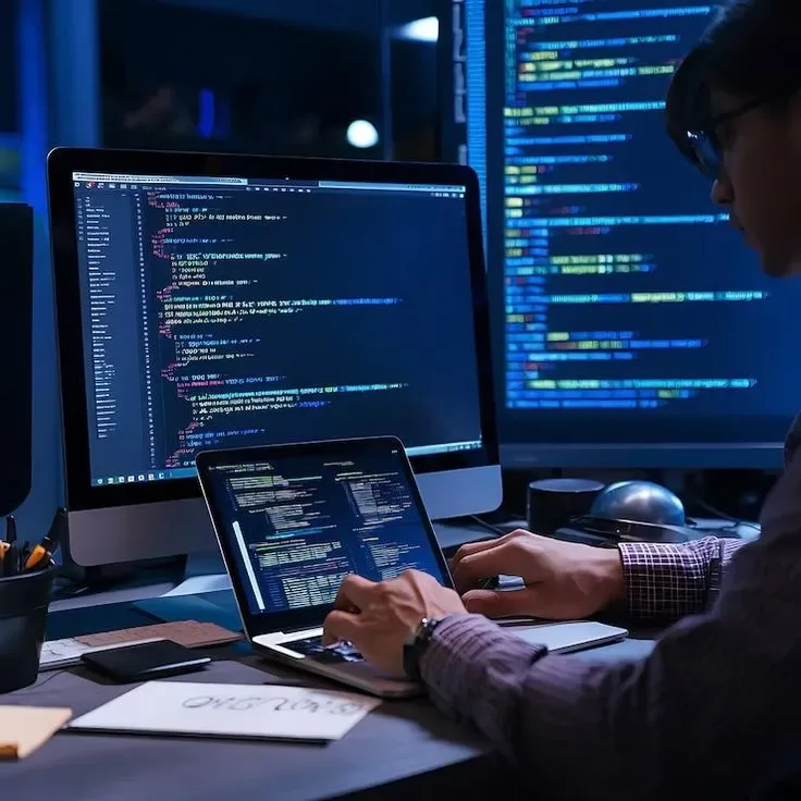 Développeur travaillant sur plusieurs écrans de code
